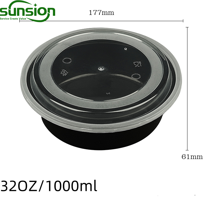 32oz Round Black Plastic to go Bowl with clear lid