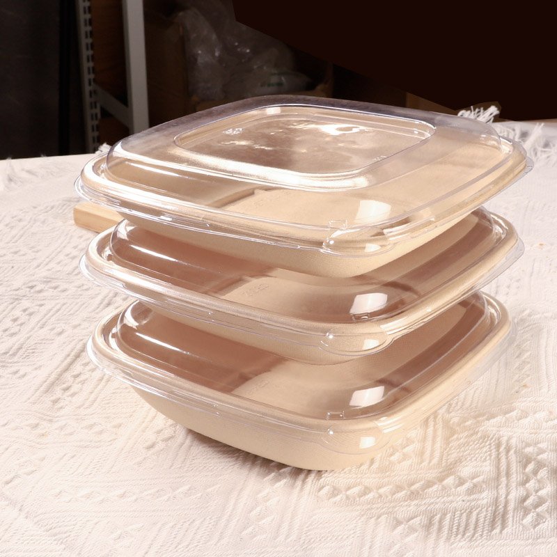 24oz | 32oz Take Away Square Sugarcane Bagasse Salad Tray with PET Lid Recyclable Compostable