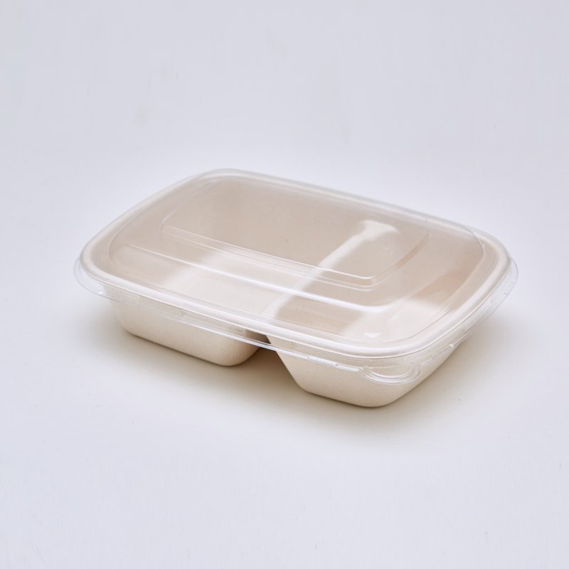 750 | 1000 mL 2-grid Take Away American Style Sugarcane Bagasse Box with PET Lid Recyclable Compostable