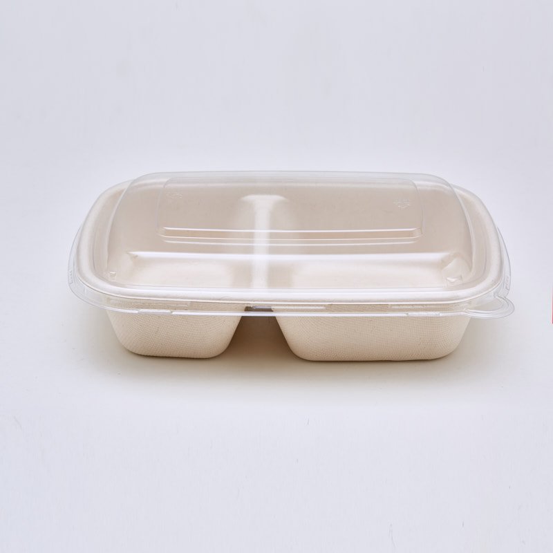 750 | 1000 mL 2-grid Take Away American Style Sugarcane Bagasse Box with PET Lid Recyclable Compostable - 图片 3