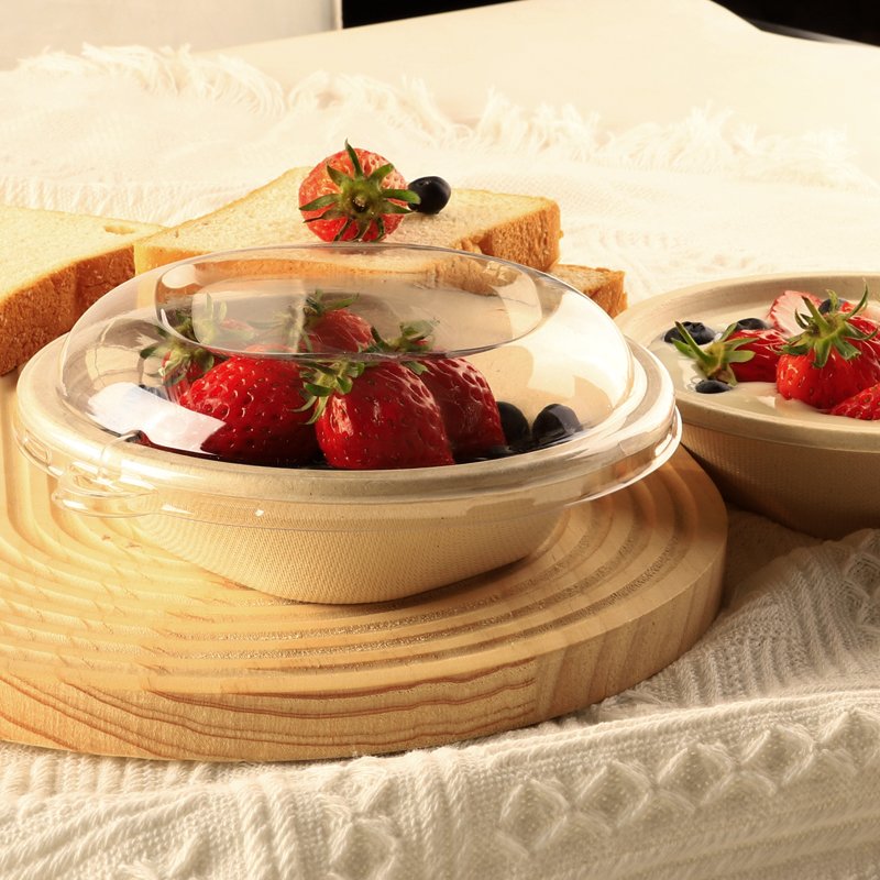 360 | 470 | 700 | 950 mL Take Away Round-Top Suqare-bottom Sugarcane Bagasse Bowl with PET | PP | Sugarcane Bagasse Lid Recyclable Compostable Salad Fruit Cold Food