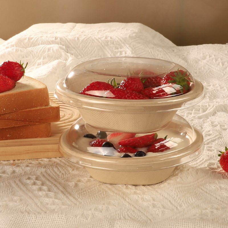 360 | 470 | 700 | 950 mL Take Away Round-Top Suqare-bottom Sugarcane Bagasse Bowl with PET | PP | Sugarcane Bagasse Lid Recyclable Compostable Salad Fruit Cold Food - 图片 5