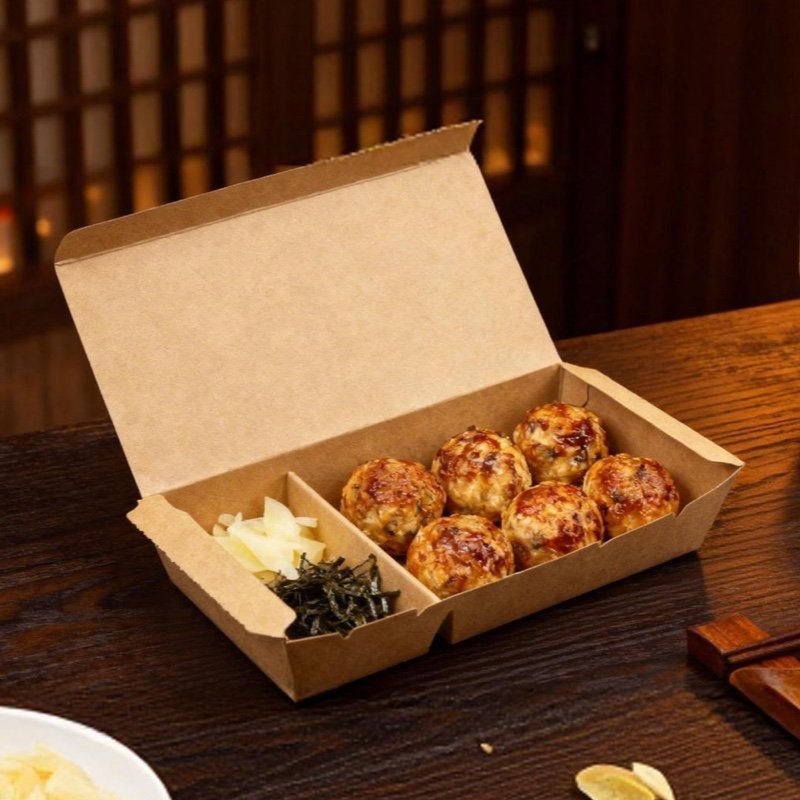 Eco-Friendly 2 Compartment Paper Food Box with Lid | Kraft Takeaway Packaging