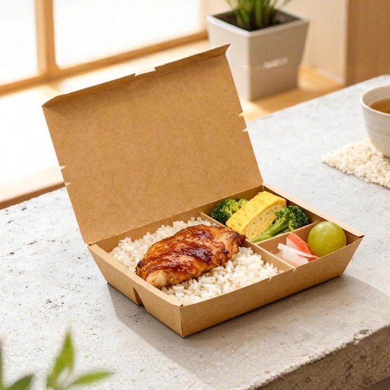 Disposable 3 Compartment Paper Food Box with Lid | Leak-Proof Food Packaging