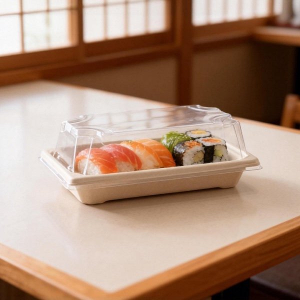SNX Series Bagasse Sushi Tray with Lid | Biodegradable Sushi Takeaway Packaging